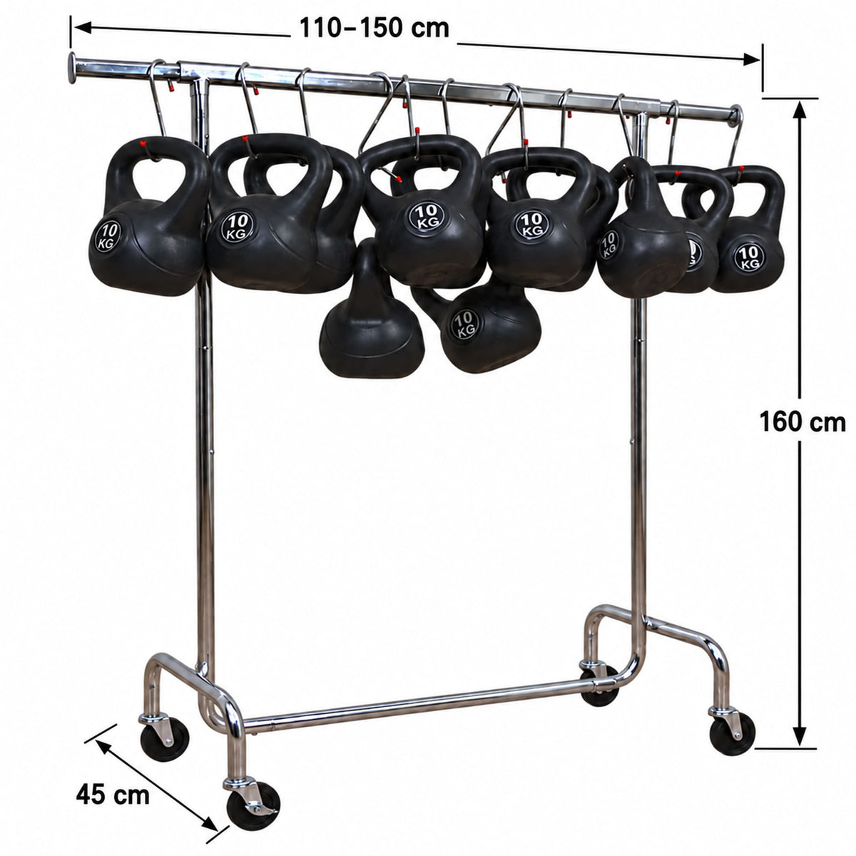 Tatkraft Didrik Schwerlast-Kleiderständer, Kleiderständer auf Rollen, bis 130 kg, Kleiderstange ausziehbar 110–150×45×160 cm, Profi, Verchromt Stahl