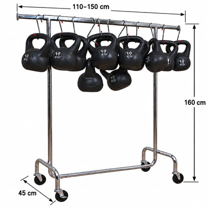 Tatkraft Didrik Schwerlast-Kleiderständer, Kleiderständer auf Rollen, bis 130 kg, Kleiderstange ausziehbar 110–150×45×160 cm, Profi, Verchromt Stahl