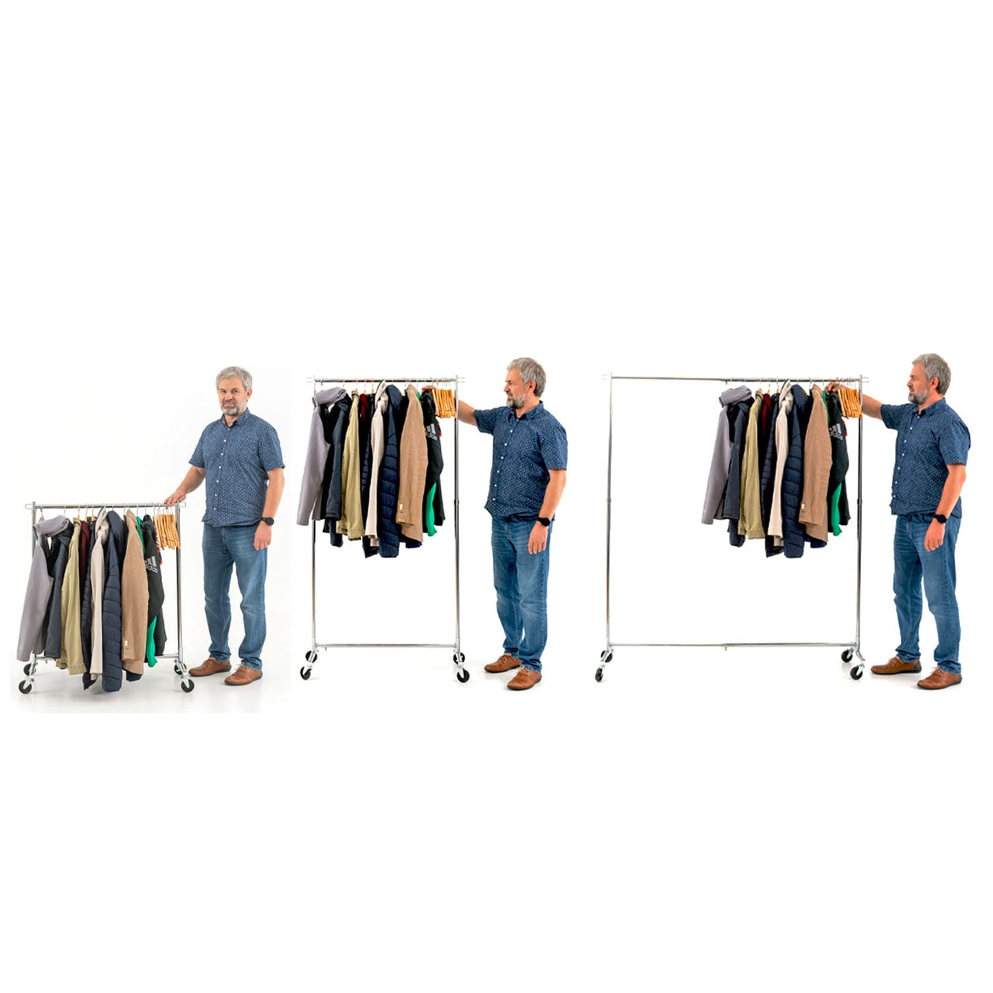 Tatkraft Urban Kleiderständer auf Rollen, Stabil, ausziehbare Kleiderstange Länge und Höhe, 93-140x41x114-175cm, Garderobe bis 60 kg, Verchromt Stahl