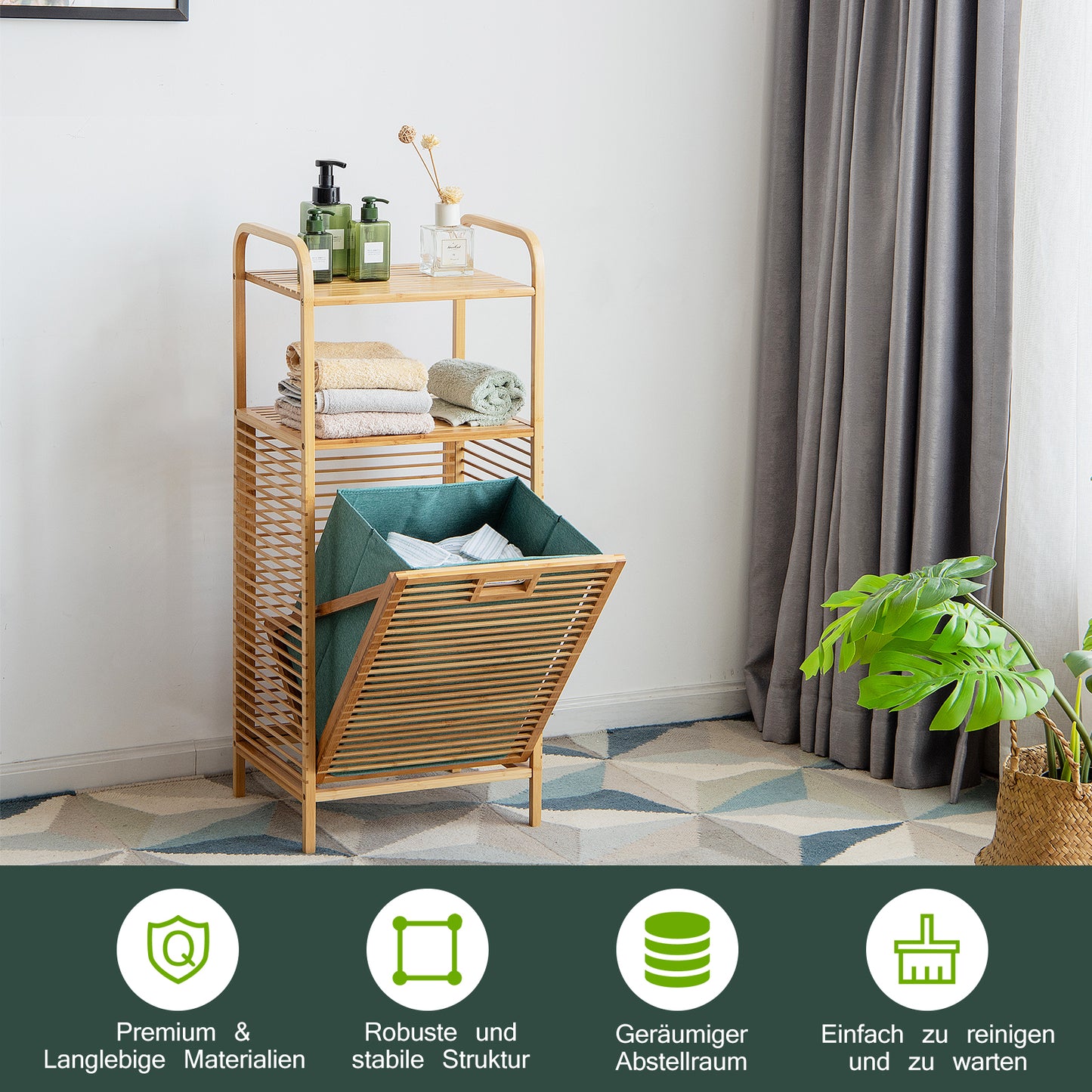 Wäschekorb, Wäschekorb Regal, Badschrank mit Wäschekorb, Ausklappbarer Wäschekorb, Wäschekorb mit Ablage, Costway, 2