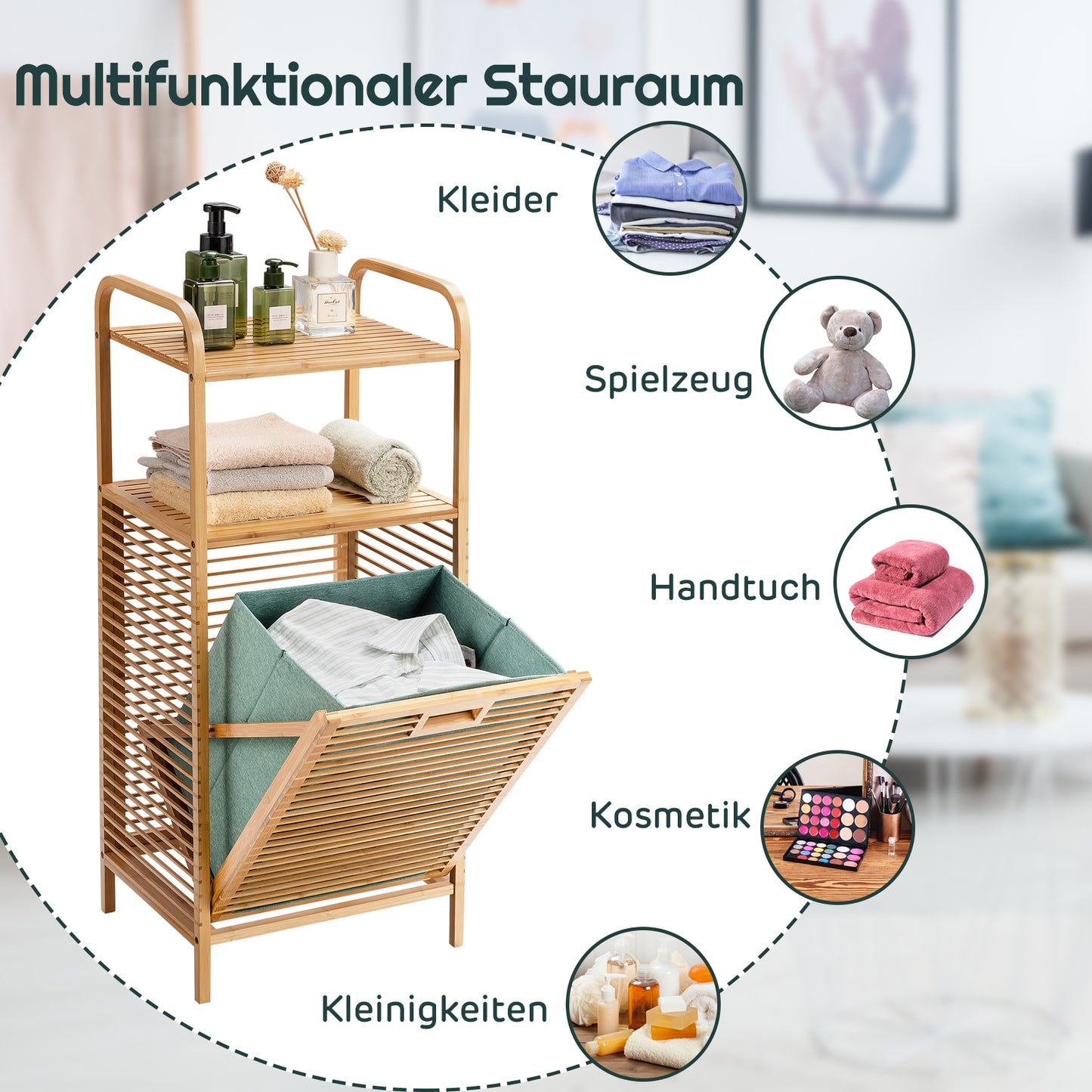 Wäschekorb, Wäschekorb Regal, Badschrank mit Wäschekorb, Ausklappbarer Wäschekorb, Wäschekorb mit Ablage, Costway, 4