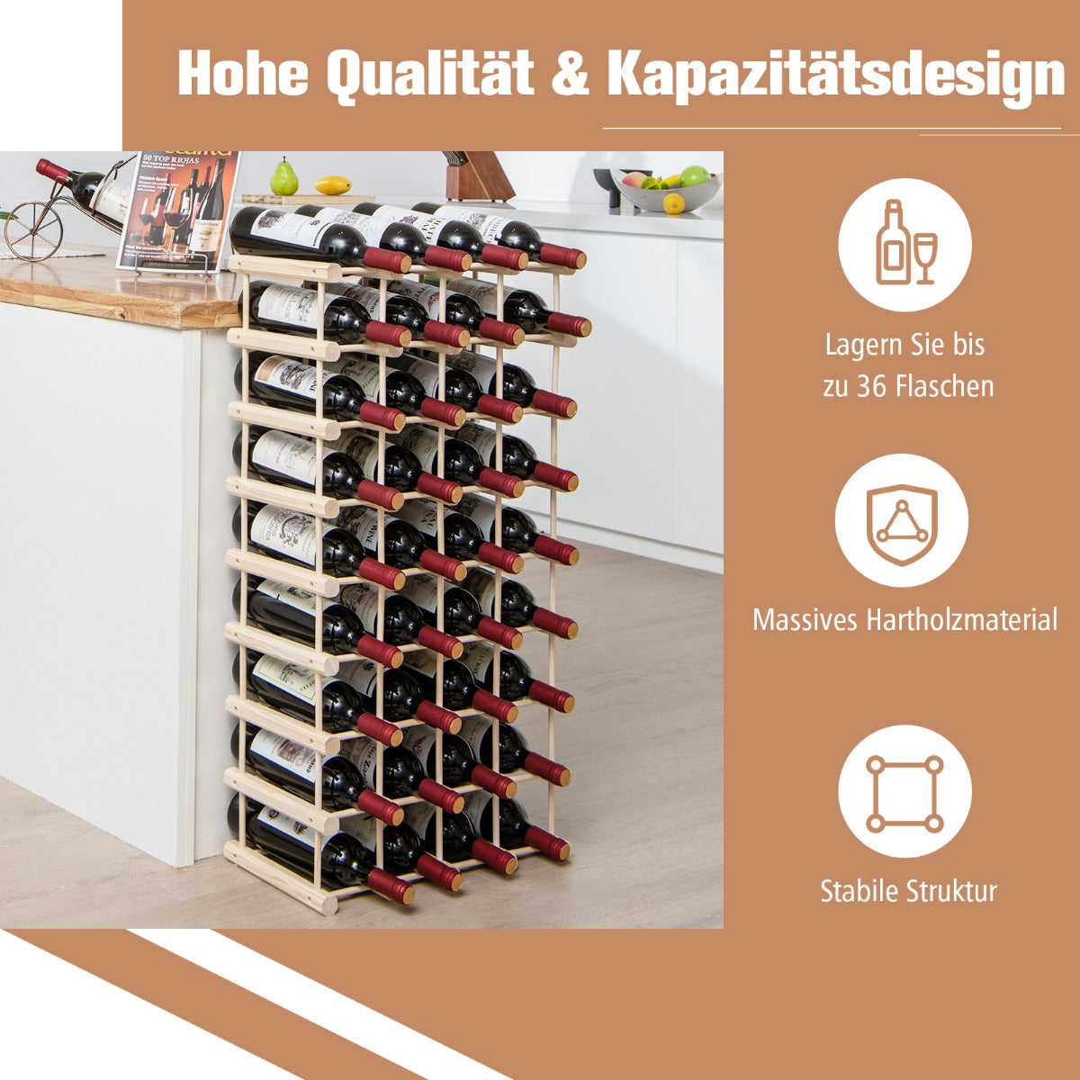 Weinregal, Flaschenregal, Weinregal holz, Flaschenständer Weinständer für 36 Flaschen Weinflaschenhalter, Natur, Costway, 1