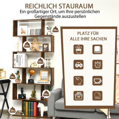 Bücherregal, Bücherregal 6 Ebenen, Standregal S-Form, Aufbewahrungsregal, Holz, Farbwahl-Braun, Costway, 3