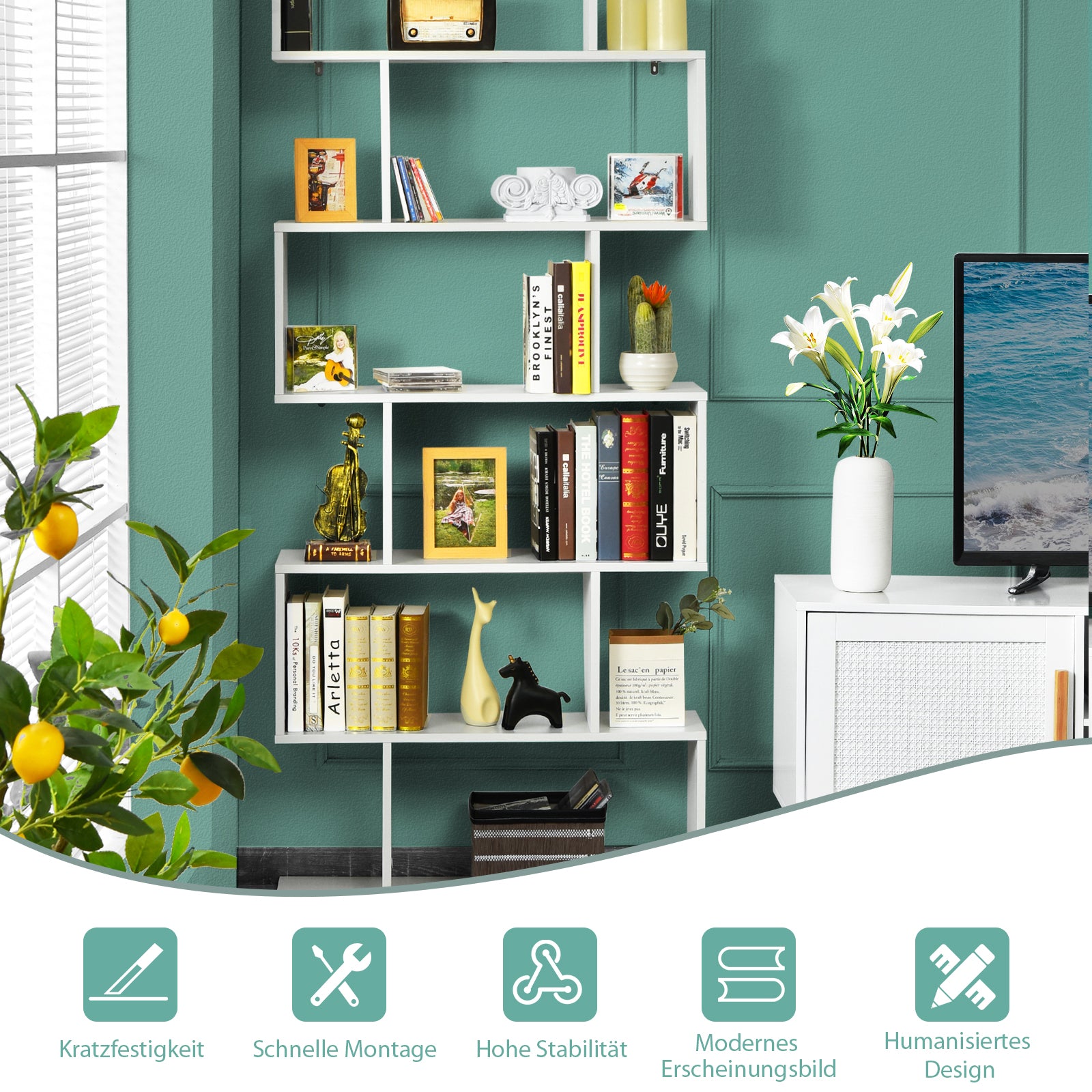 Bücherregal, Bücherregal mit 6 Ebenen, S-Form Standregal, Aufbewahrungsregal, Holz, Farbwahl-Weiß, Costway, 2