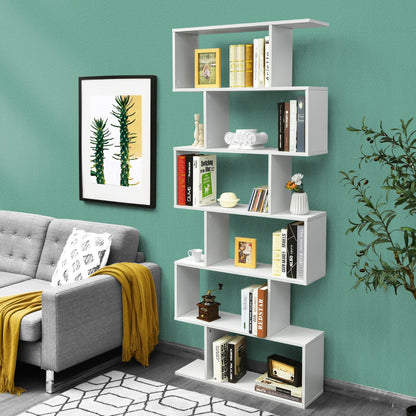 Bücherregal, Bücherregal mit 6 Ebenen, S-Form Standregal, Aufbewahrungsregal, Holz, Farbwahl-Weiß, Costway