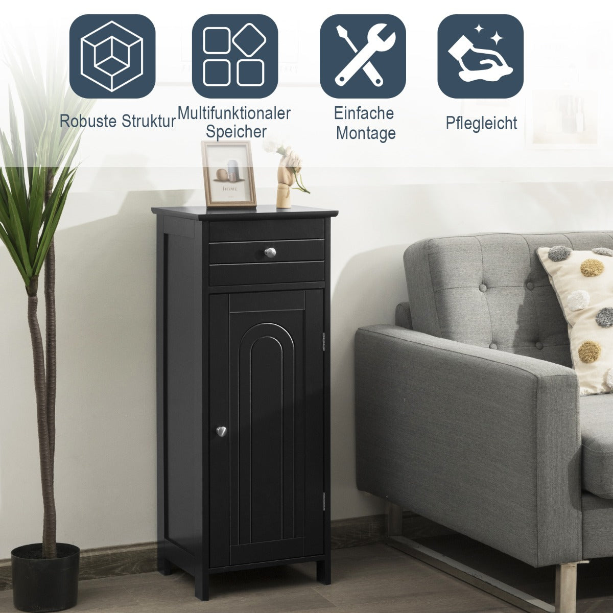 Costway Badezimmer-Bodenschrank freistehender Schrank mit 1 großen Schublade & 2 verstellbaren Regale  Schwarz