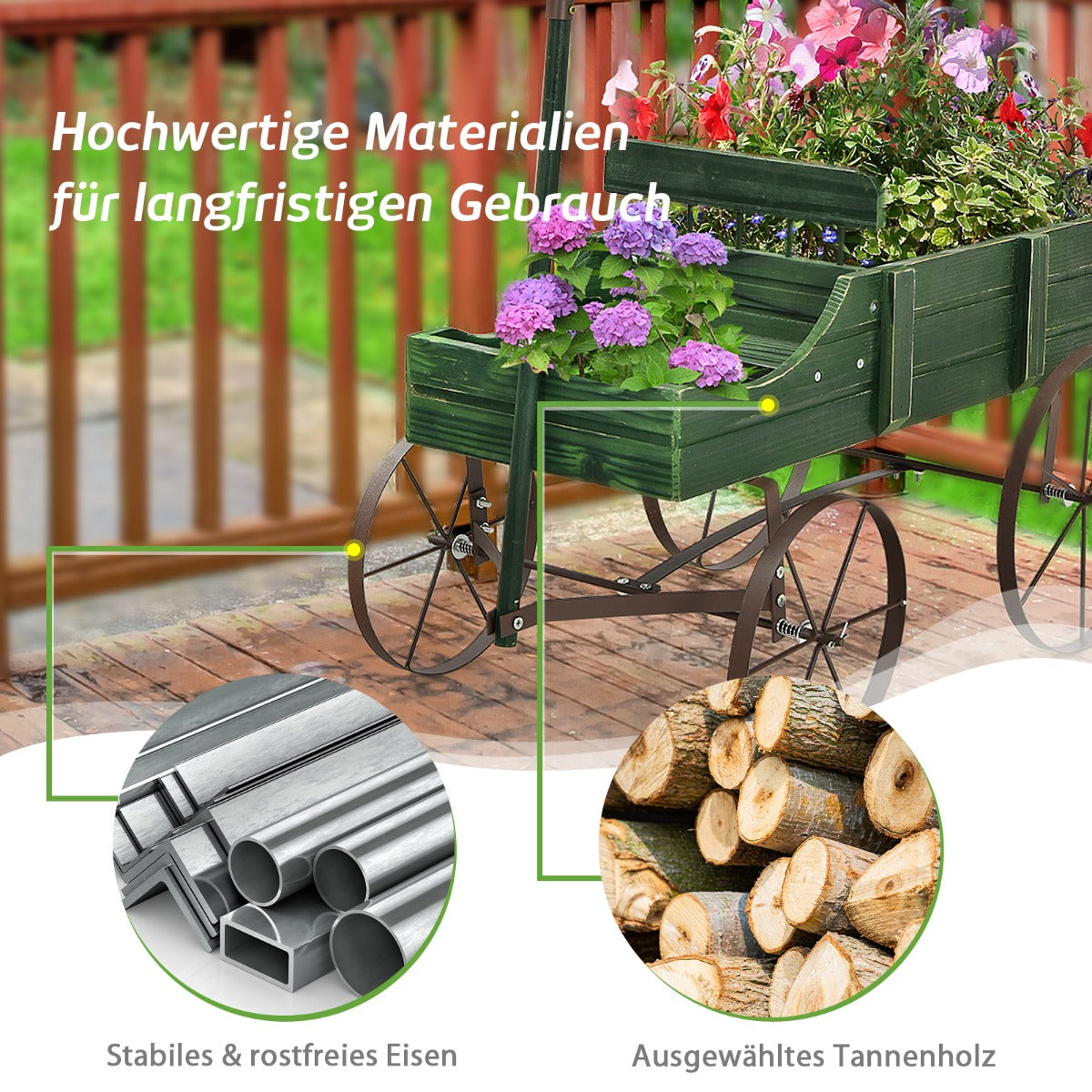 Blumenständer, Pflanzenregal, Holzwagen-Blumenkasten, dekorativer Blumenkasten mit Rädern, 62 x 34 x 60 cm, Grün, Costway, 5