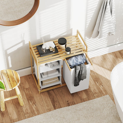 Wäschekorb, 83L, Wäschesammler, 4 Fächer, Wäschebox, Badezimmer Regal, mit offene Ablagen, Bambus, Weiß, HOMCOM, 8