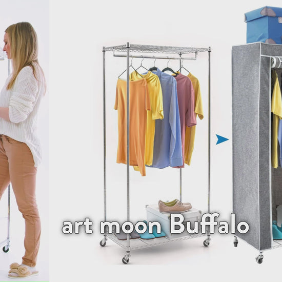 toffschrank, Faltschrank Stabil, Schwerlast Kleiderständer, bis 70kg, Kleiderschrank auf Rollen, Grau, art moon Buffalo, v