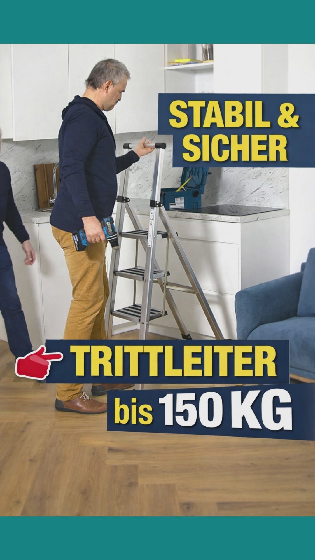 Trittleiter 3 Stufen, bis 150 kg, Trittleiter Klappbar, rutschfesten Stufen, Aluminium, Modern Design, Tatkraft Adamant