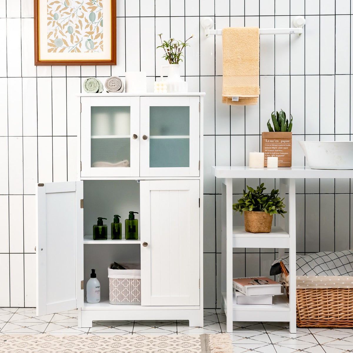 Badezimmerschrank, 4-Türiger Freistehender Aufbewahrungsschrank mit Glastüren, Weiß, Costway, 8