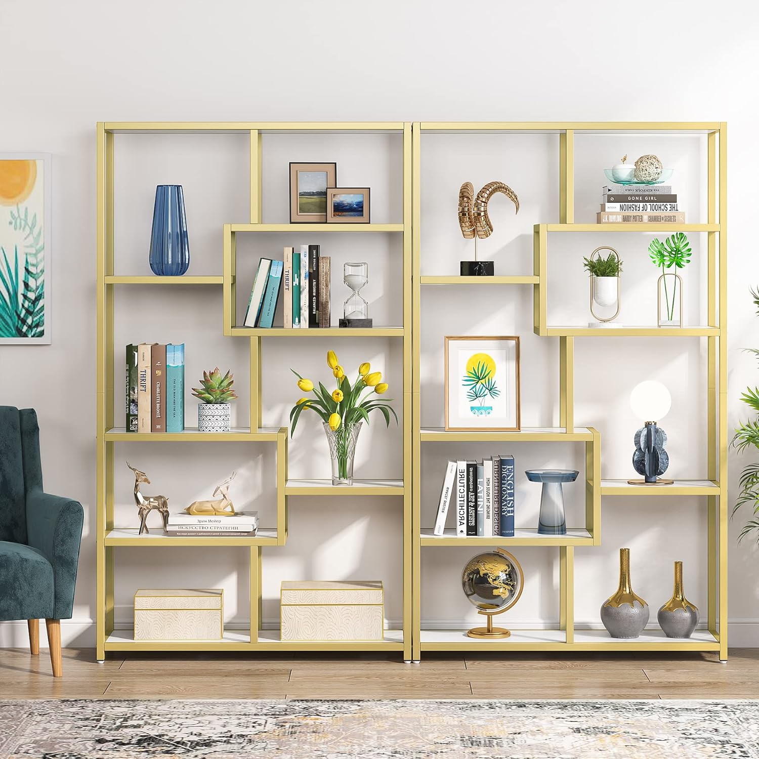 Bücherregal, Bücherregal Schmal, Bücherregal Gold, Bücherregal mit 8 Ablagen, Aufbewahrungs-Organizer, Tribesigns, 9