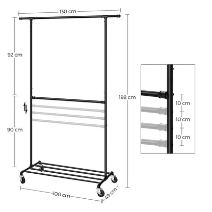 SONGMICS – Schwerlast-Kleiderständer auf Rollen, 2 Kleiderstangen, bis 110 kg, 130 × 49 × 198 cm, Schwarz